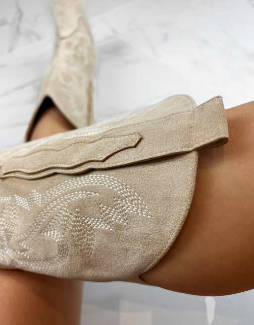 DIA Studios Cowboy western boots in beige sand faux suede, 3 of 4