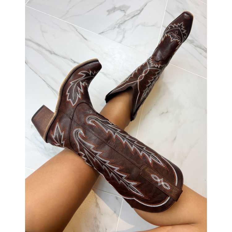 Vepose Women's Cowboy Boots - Round Toe, Mid-Calf, Western Embroidery (Brown, Size 9)