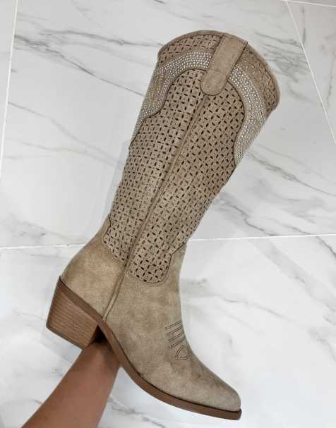 DIA Studios Cowboy western boots in light brown faux suede embellished in brown - view 1