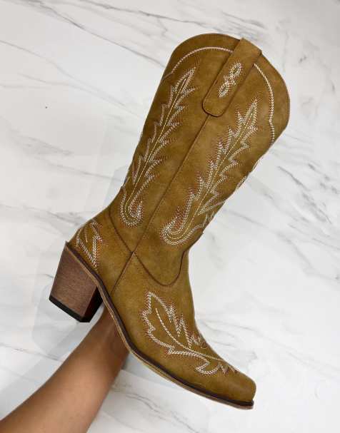 DIA Studios Cowboy western knee boots in tan brown - view 1