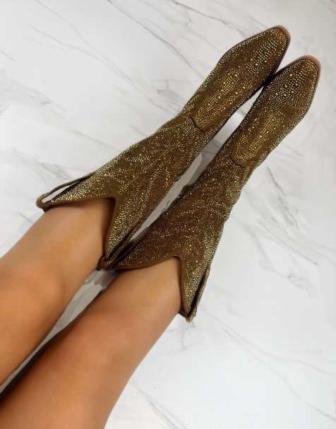 DIA Studios Narrow cowboy western knee embellished sparkle boots in bronze gold in gold - view 1