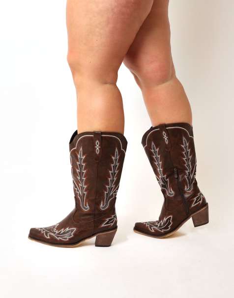 DIA Studios Plus size wide leg fit cowboy western boots in brown - view 1