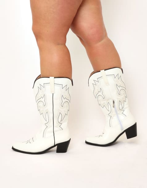 DIA Studios Plus size wide leg fit cowboy western boots in cream - view 1