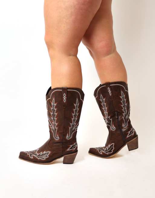 DIA Studios Plus size wide leg fit cowboy western boots in red and brown