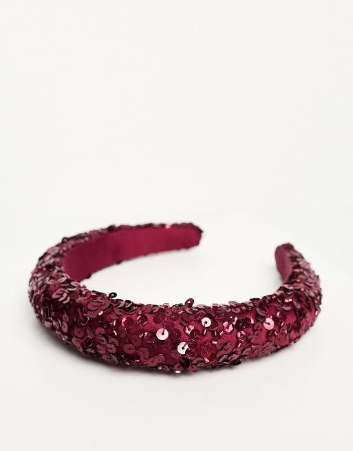 Diadema de dama de honor rojo vino de lentejuelas delicadas de Maya, 4 de 4
