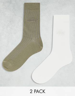 Dickies Dickies 2 pack knitted crew socks with tonal logo in khaki and off white-Green