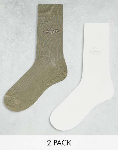 Dickies 2 pack knitted crew socks with tonal logo in khaki and off white - view 1