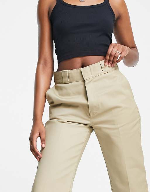 Dickies Juniors' Relaxed High Rise Roll Hem Khaki Cropped Work