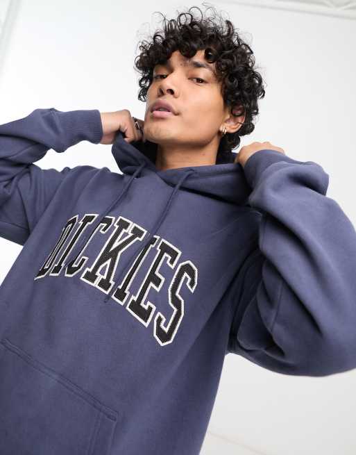 Dickies aitkin hoodie in navy with varsity embroidery exclusive to asos