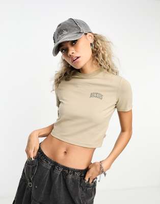 Dickies - Aitkin - Knapp geschnittenes T-Shirt in Beige mit College-Logo auf der linken Brust, exklusiv bei ASOS-Neutral