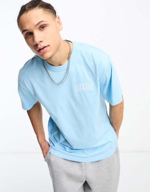 Dickies aitkin left chest varsity logo t-shirt in sky blue | ASOS