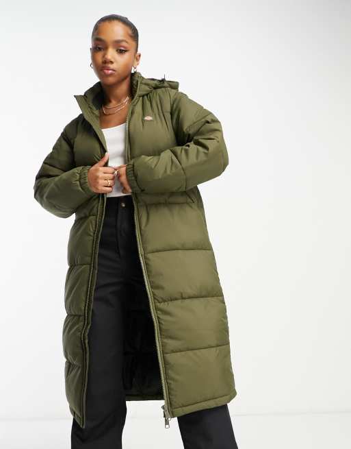 Khaki green long store puffer coat