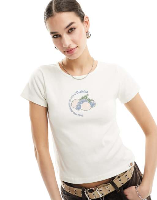 Dickies – Altoona – Biały krótki i obcisły T-shirt w kolorze złamanej bieli z grafiką z owocami