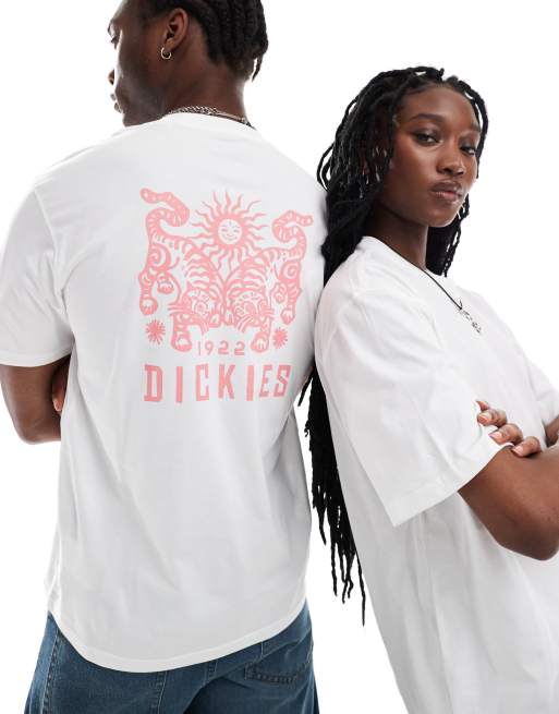 Dickies – Biało-różowy T-shirt z krótkimi rękawami i nadrukiem z motywem tygrysa
