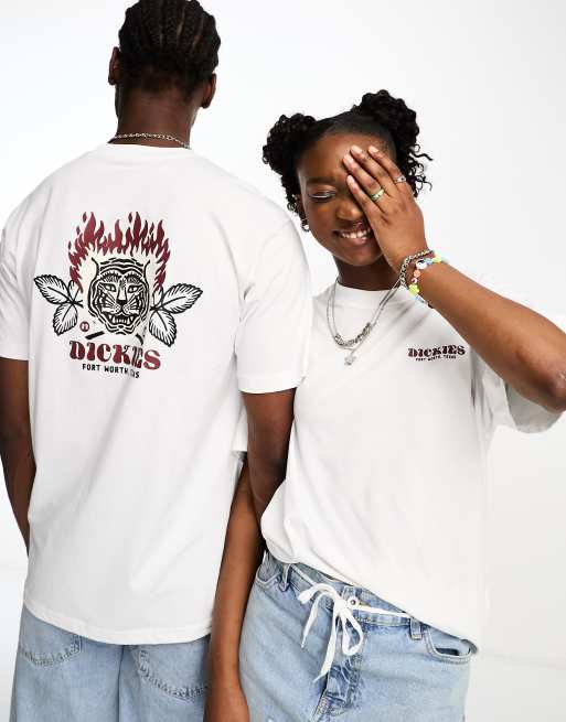 Dickies – Biały T-shirt z długimi rękawami i nadrukiem z motywem tygrysa na plecach