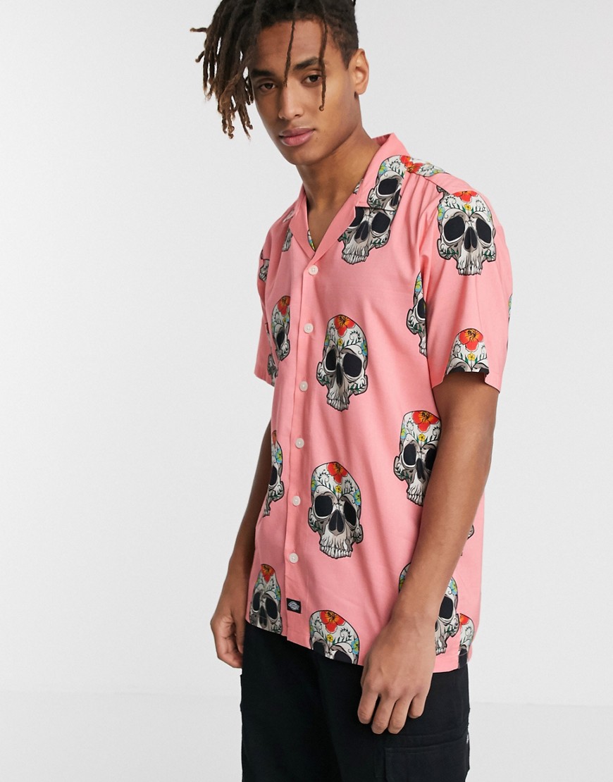 Dickies - Blossvale - Camicia rosa con stampa con teschi