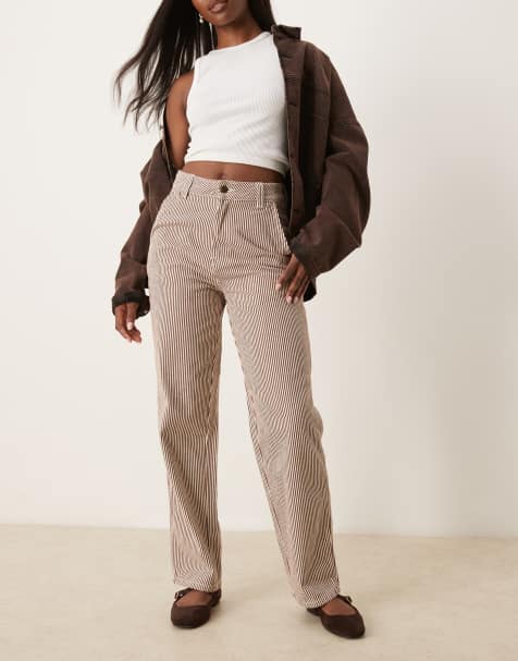 Dickies hickory stripe relaxed fit denim carpenter trousers in brown and white