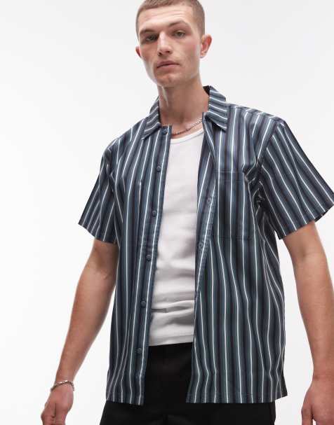 Dickies - Camicia a maniche corte blu a righe multicolore - view 1