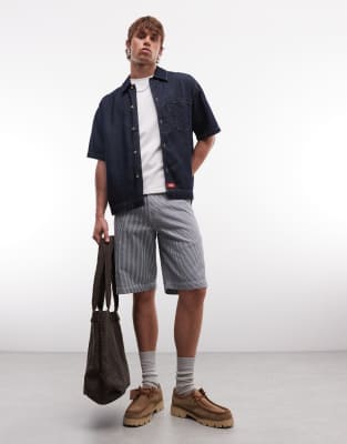 Carpenter-Shorts in Blau mit Hickory-Streifen, 11 Zoll Schrittlänge Blau W33