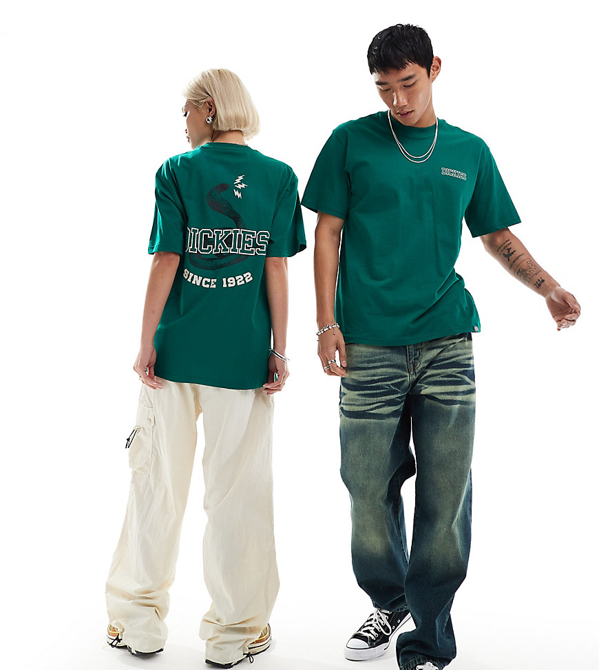 Dickies cascade lock short sleeve back print t-shirt in dark green- exclusive to asos
