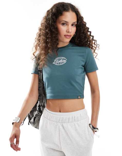 Dickies central logo cropped t-shirt in dark green - view 1