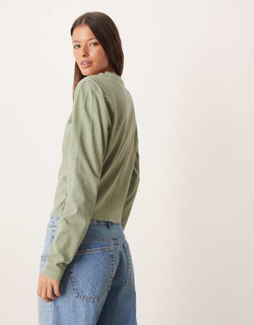 Dickies - Christiana - Vasket grøn cropped T-shirt med lange ærmer, 4 af 4