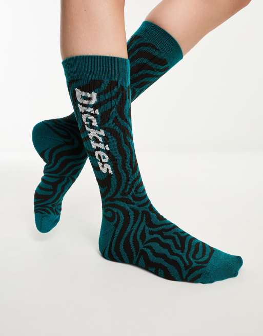 Dickies Clackamas socks in teal and black zebra print