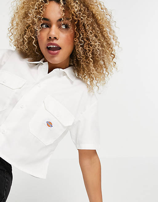 Dickies cropped short sleeve work shirt in white