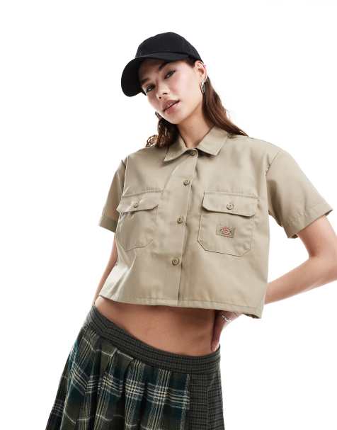 Dickies cropped work shirt in beige tan - view 1