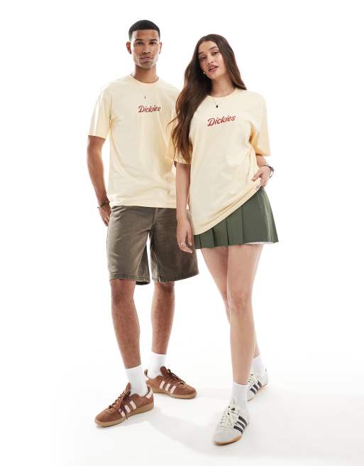 Dickies curves script central logo t-shirt in pastel yellow - Exclusive to ASOS, 3 of 4
