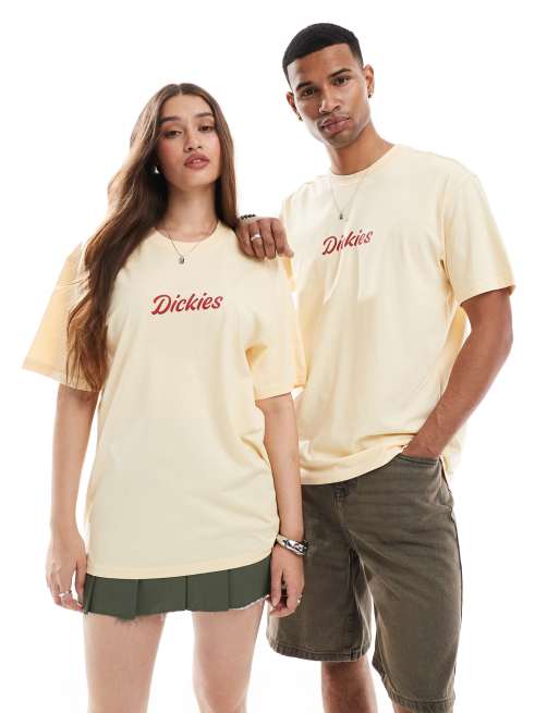 Dickies curves script central logo t-shirt in pastel yellow - Exclusive to ASOS, 4 of 4