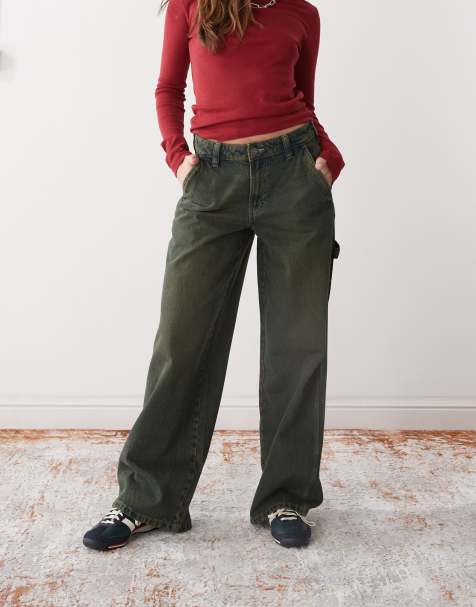 Dickies denim carpenter wide leg trousers in green tone light grey