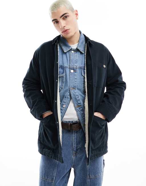 Dickies duck canvas borg lined chore jacket in stone washed black | ASOS