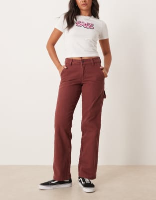 Dickies Dickies duck canvas carpenter wide leg trousers in dark burgundy-Red