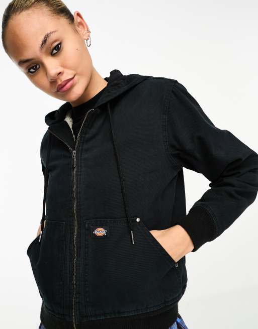 Dickies duck canvas sherpa lined jacket with hood in black ASOS