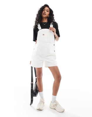 Duck canvas short bib overalls in stonewash cream-White