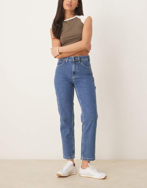 Dickies ellendale mid rise straight fit denim mom jeans in classic blue
