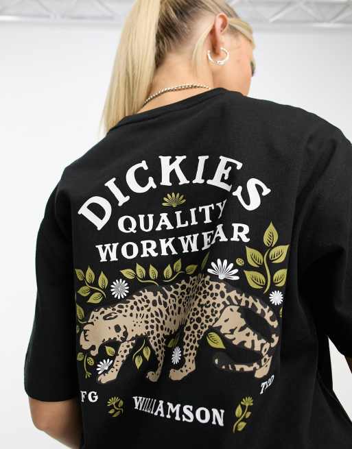 Dickies fort lewis leopard back print t-shirt in black exclusive to asos