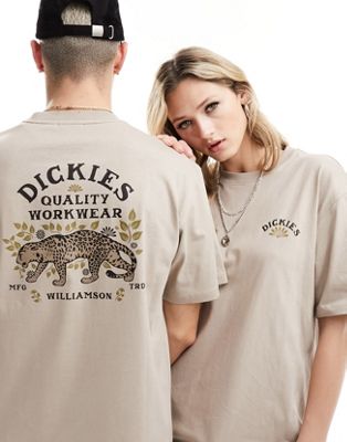 Dickies fort lewis tiger back print t-shirt in beige- exclusive to asos