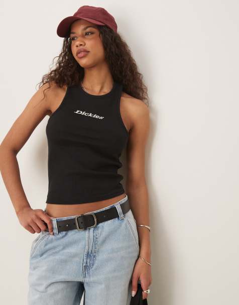 Dickies – Geripptes Trägertop in Schwarz mit mittigem Logo - view 1