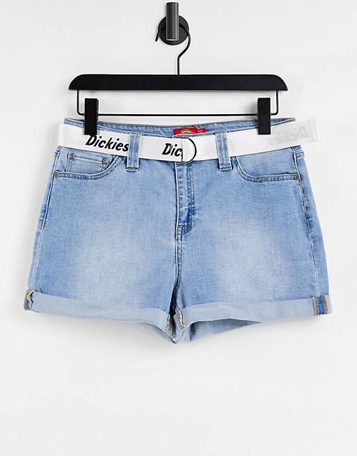 Dickies Girl Belted cuff shorts in bleach wash blue