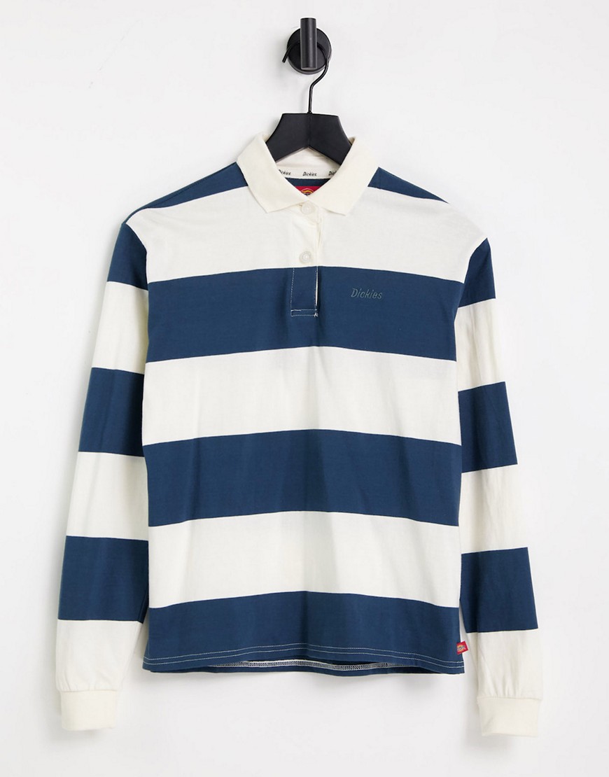 Dickies Girl stripe polo top in cream/navy stripe-White