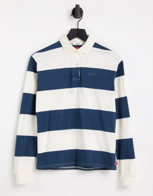 Dickies Girl stripe polo top in cream/navy stripe