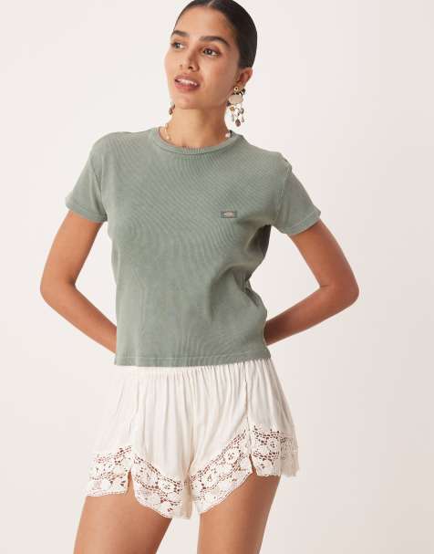 Dickies – Glacier View – Geripptes, knapp geschnittenes Longline-T-Shirt in verwaschenem Dunkelgrün - view 1