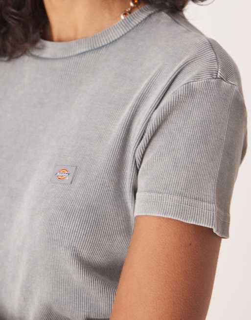 Dickies – Glacier View – Ljusgrå, tvättad, ribbad och liten t-shirt i lång modell, 3 av 4
