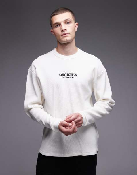 Dickies – Gräddvit, våfflad t-shirt med långa ärmar och centrerad logga - view 1