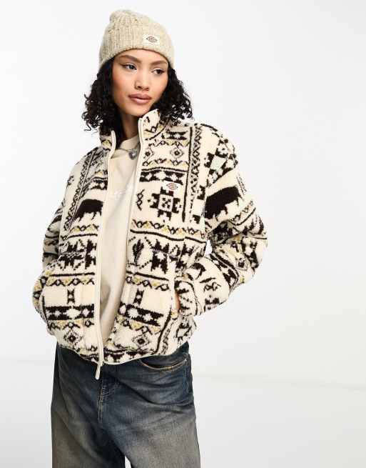 Dickies hays fleece jacket in all over aztec print off white