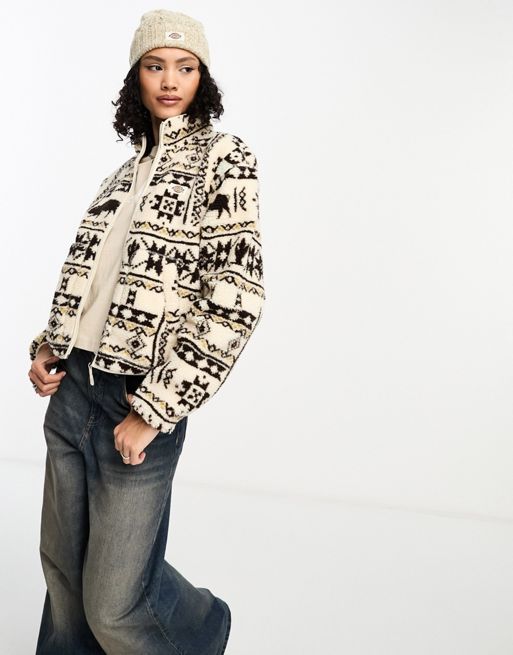 Dickies Hays fleece jacket in all over pattern print in off white