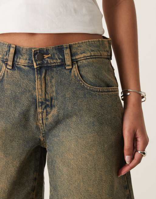 Dickies herndon loose fit denim shorts in indigo with yellow fade, 4 of 5