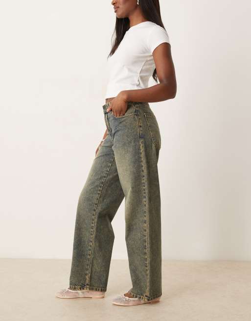 Dickies herndon mid rise loose wide leg denim jeans in indigo with yellow fade